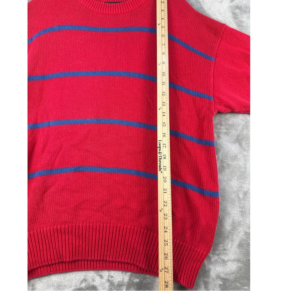 Eddie Bauer Sweater Mens L Striped Red Blue Cotton Shaker Knit EUC